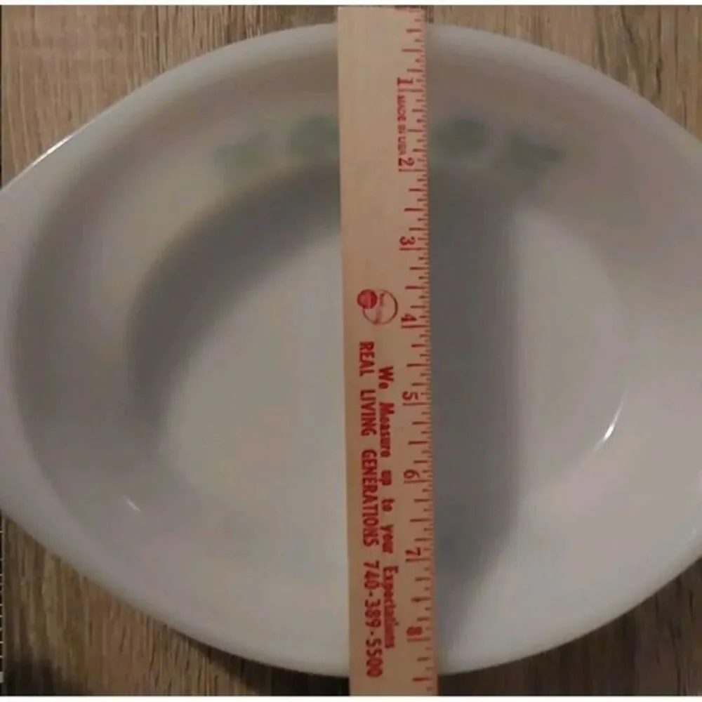 Vintage USA Glassbake J-239 Oval Milk White Divided Green Snowflake Casserole VG